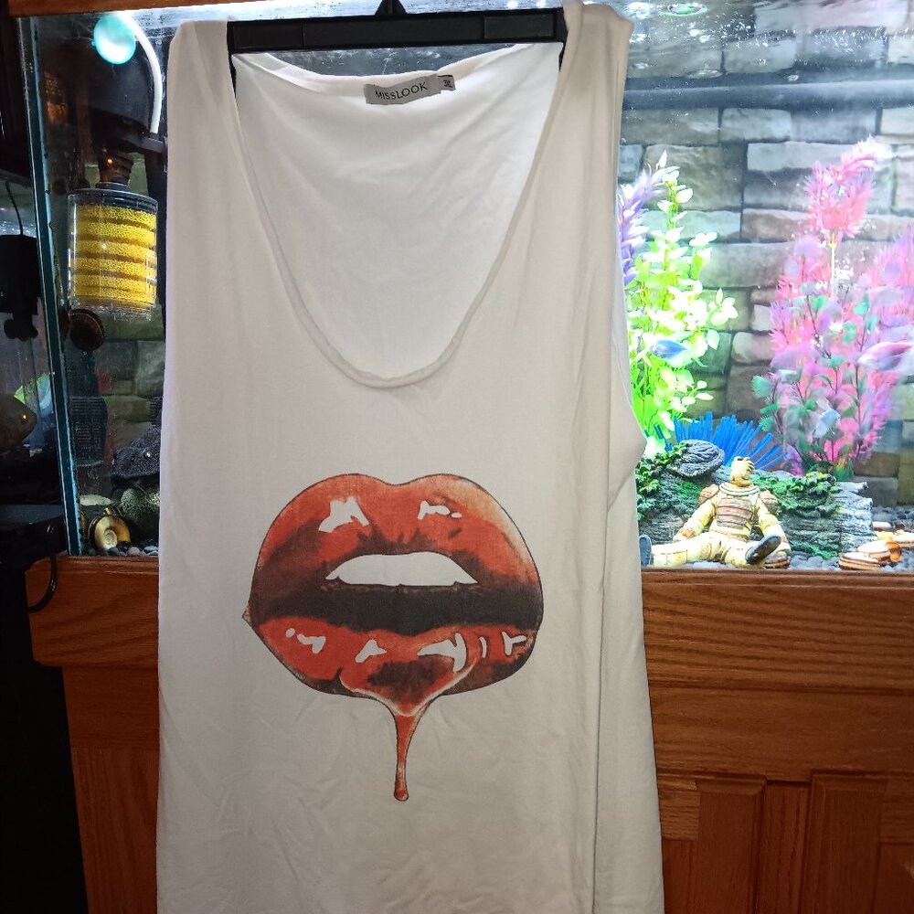 Plus 3XLMiss Look Womens Sleeveless Long Shirt / Dress White LIPS SEXY!!!